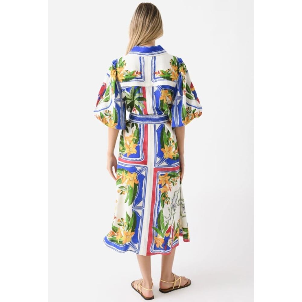 Farm Rio Tropical Destination Linen Midi Dress Sz XS Summer Vacation Bright NWT - Picture 2 of 9